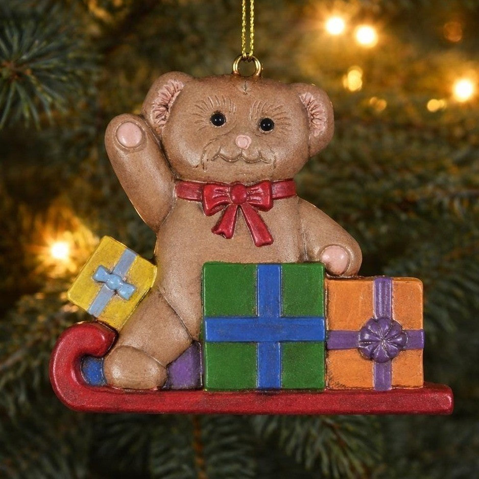 Vintage Teddy Bear Sleigh Ornament Ceramic 1990s Christmas Decor