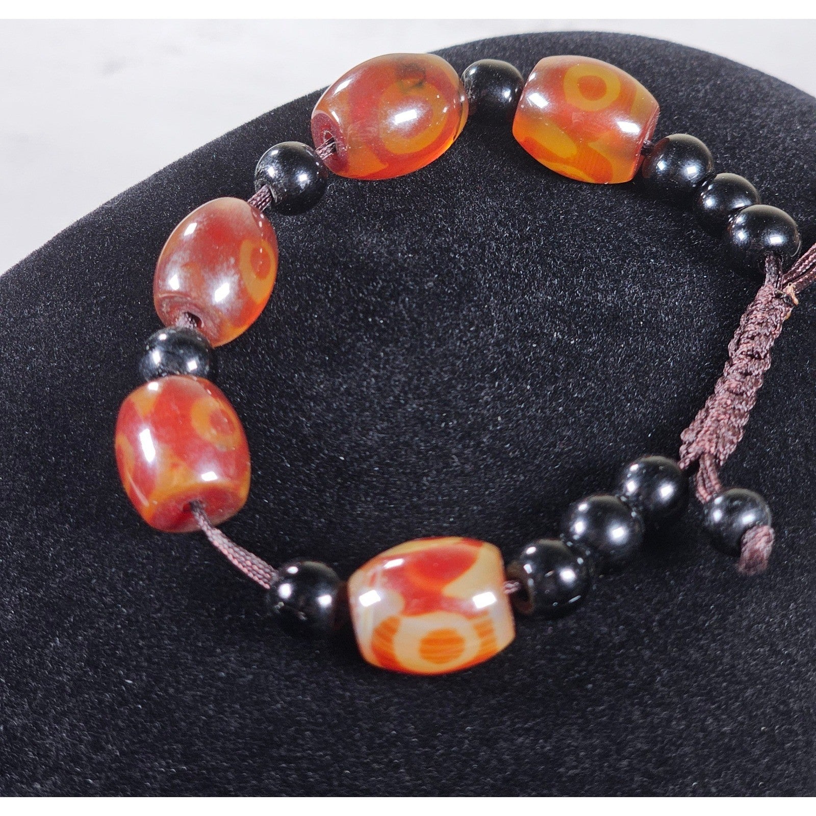Red Orange Agate Style Beaded Bracelet Adjustable Cord Black Beads