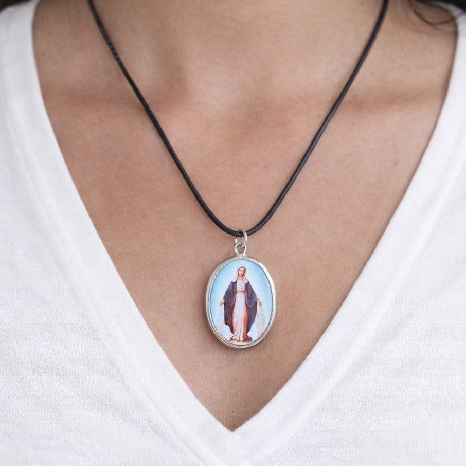 Vintage Miraculous Medal Necklace Oval Catholic Pendant