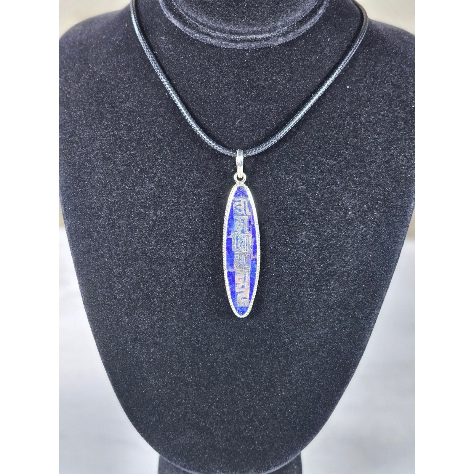 Vintage Sterling Silver Blue Enamel Script Pendant Necklace