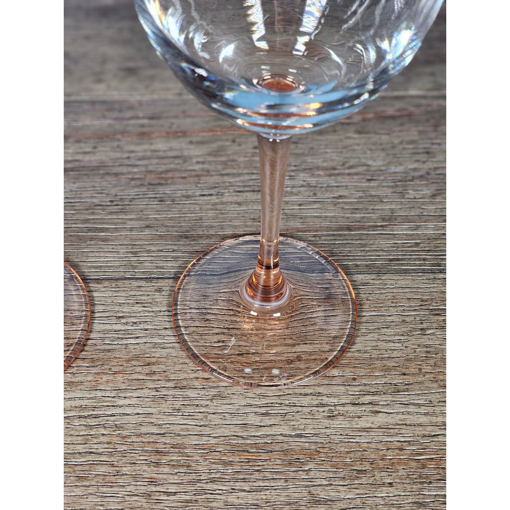 Vintage Pink Stem Wine Glasses Set of 2 Clear Bowl 8.5 Inch