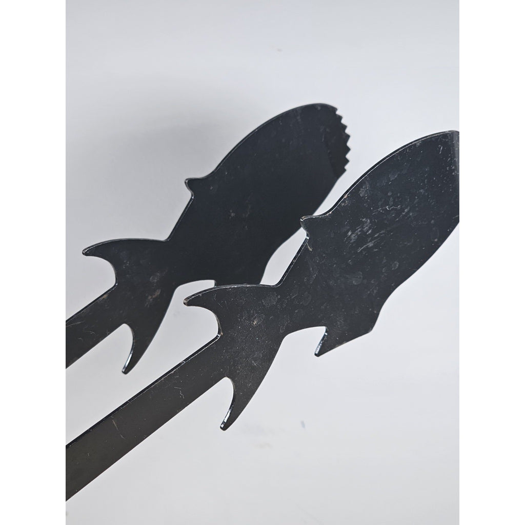 Vintage Wood Handle Fish Grill Tongs Rustic BBQ Utensil