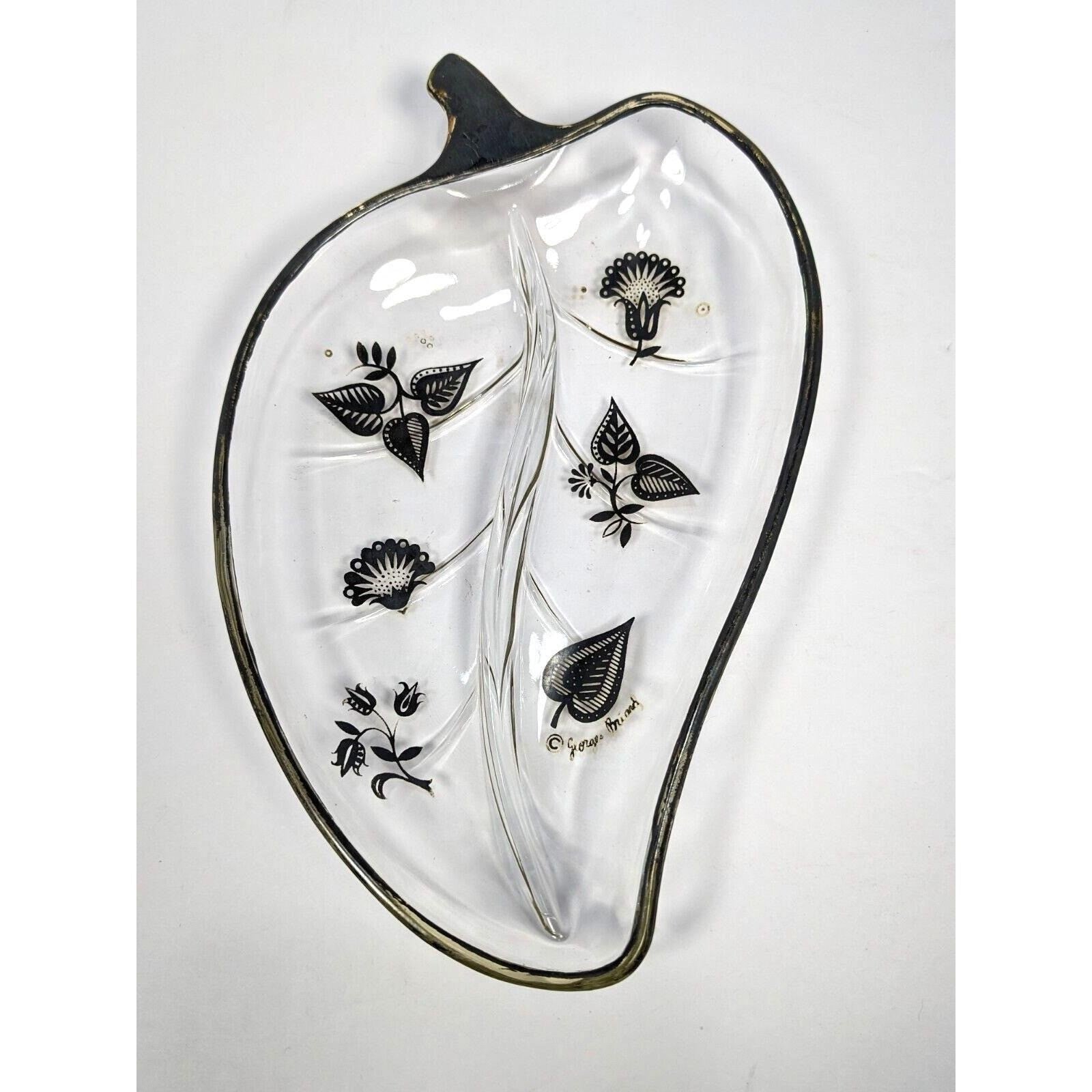 Georges Briard Leaf Dish Divided Glass Tray Mid Century Serving