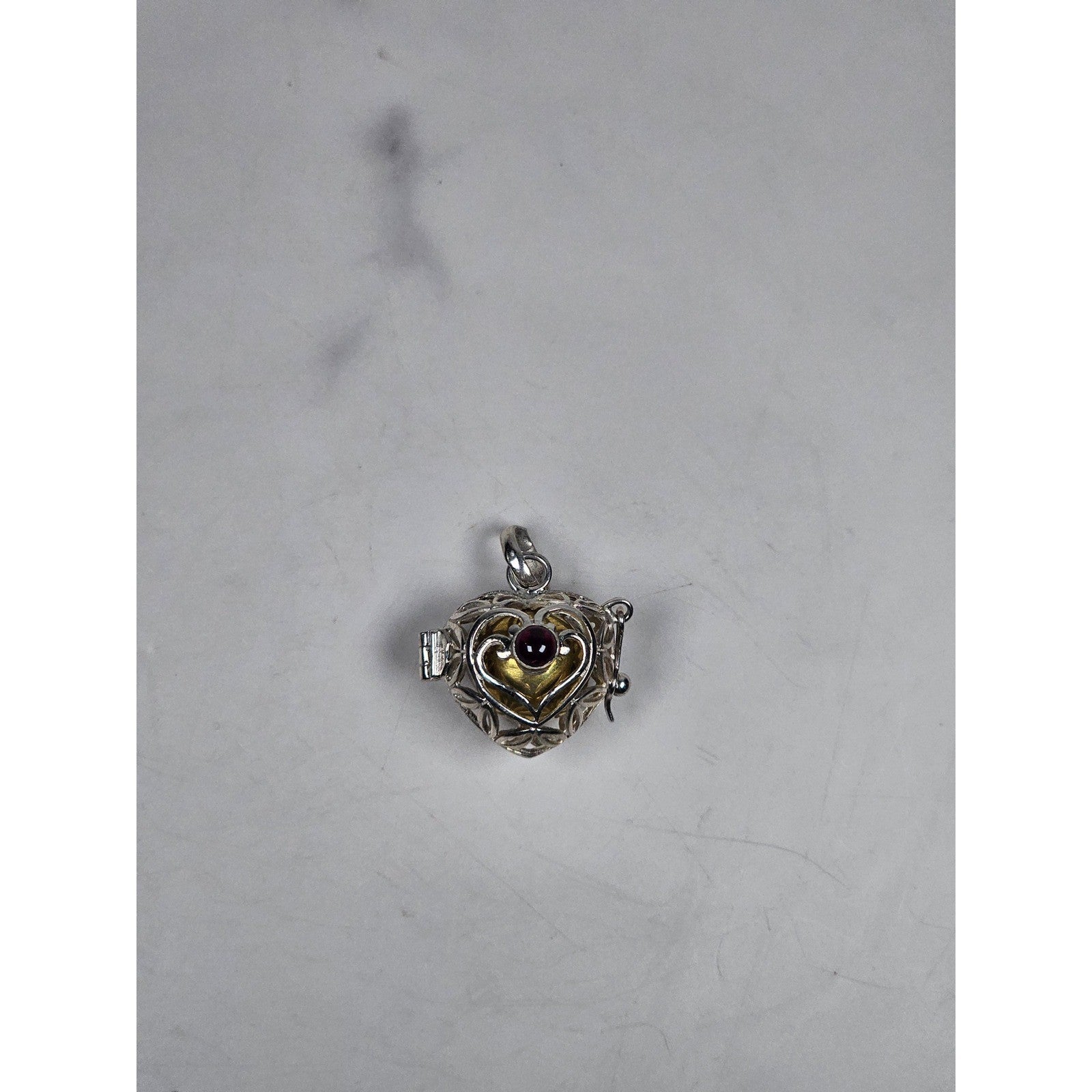 Vintage Heart Cage Locket Pendant With Red Cabochon Accent