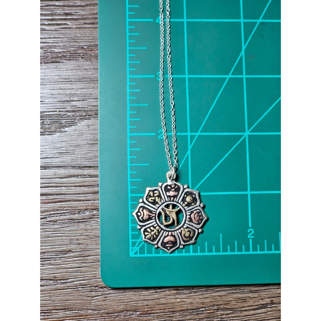 Vintage Om Lotus Pendant Necklace Boho Spiritual Medallion