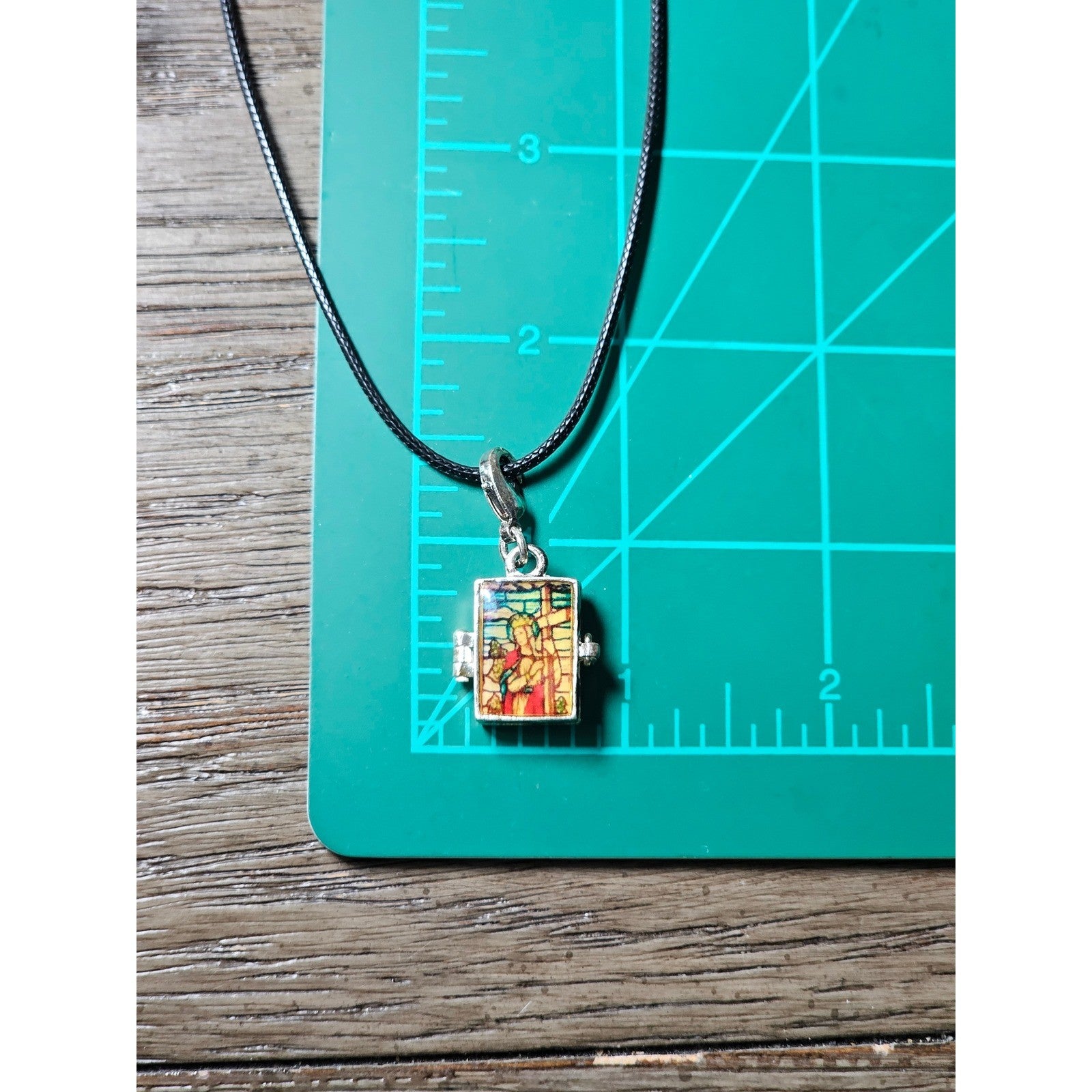 Vintage Stained Glass Locket Necklace Religious Pendant Charm