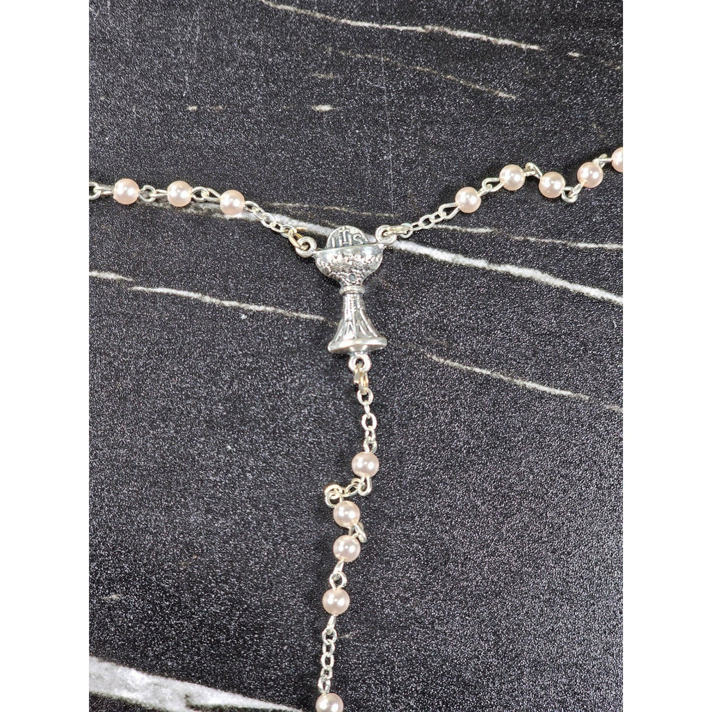 Vintage Rosary Necklace & Heart Pin Set with Case Religious