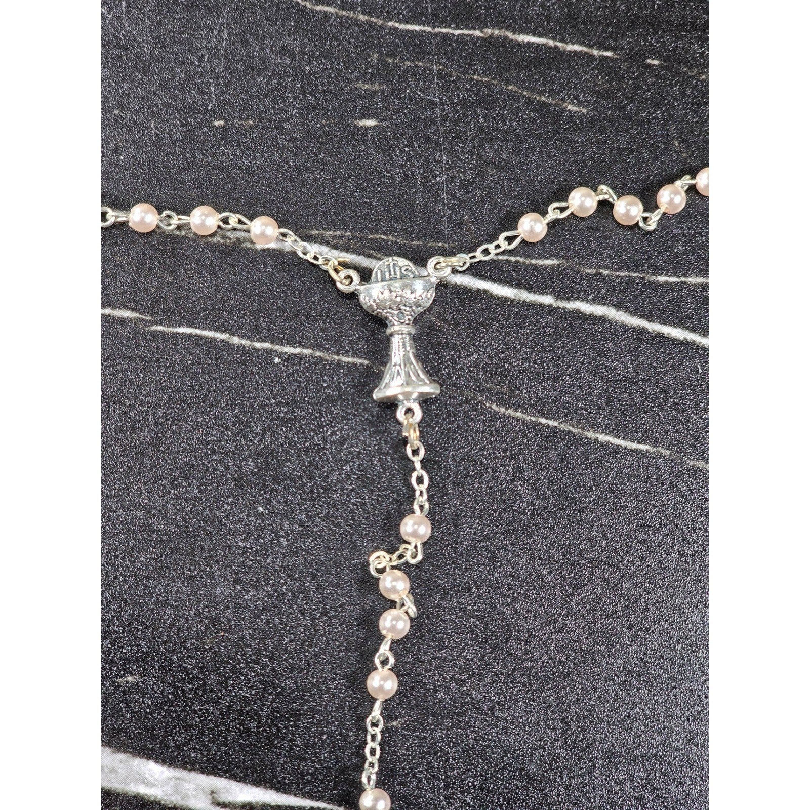 Vintage Rosary Necklace & Heart Pin Set with Case Religious