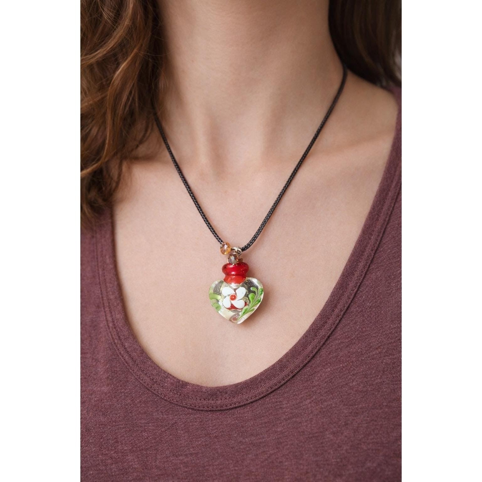 Vintage Handblown Glass Heart Bottle Pendant Necklace with Cork Stopper