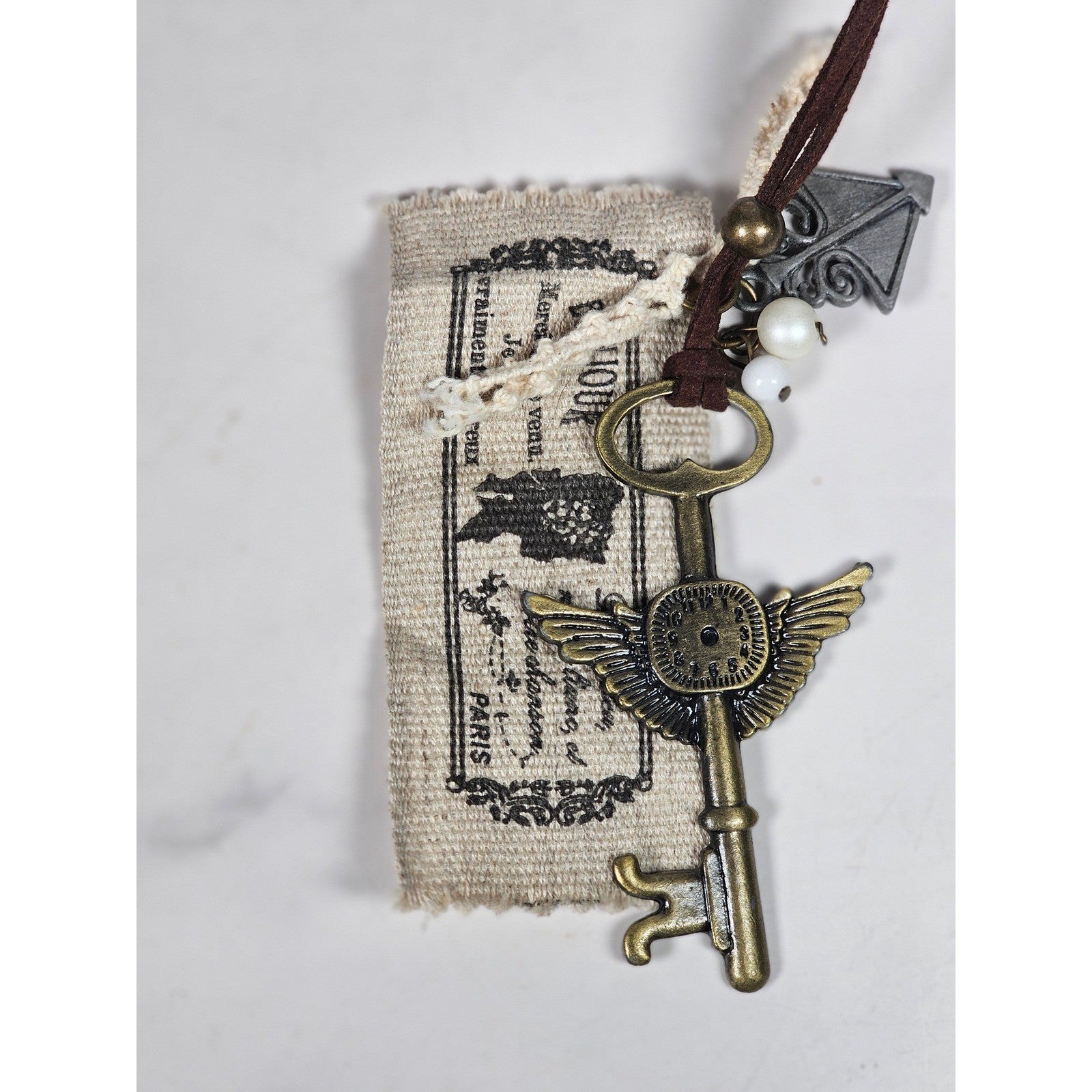 Vintage Style Winged Key Necklace on Suede Cord with Fabric Tag Charms