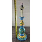 Vintage Hand Painted Wood Table Lamp Floral Blue Yellow Polka Dot