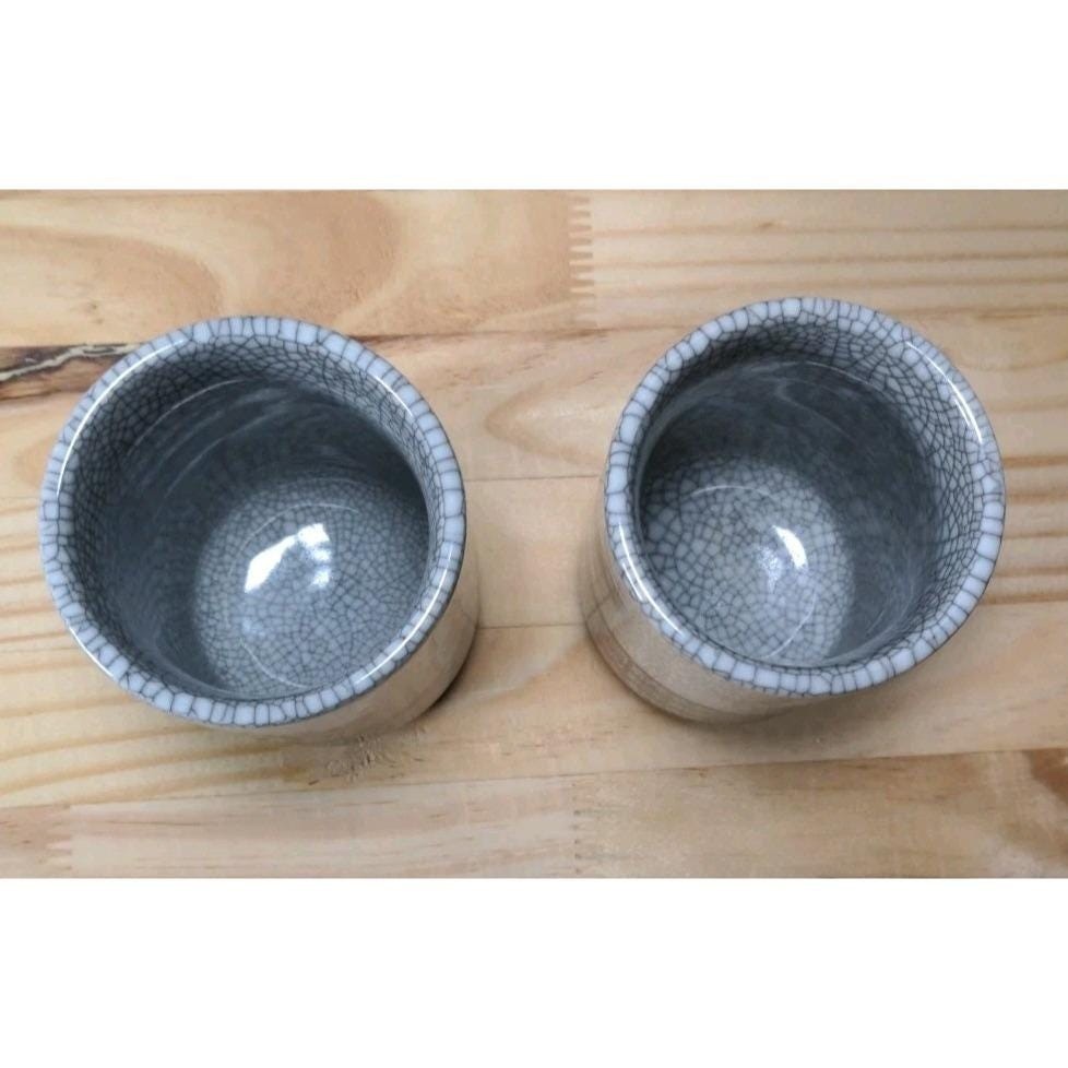 Japanese Yunomi Tea Cups Fish Design Crackle Glaze Set of 2
