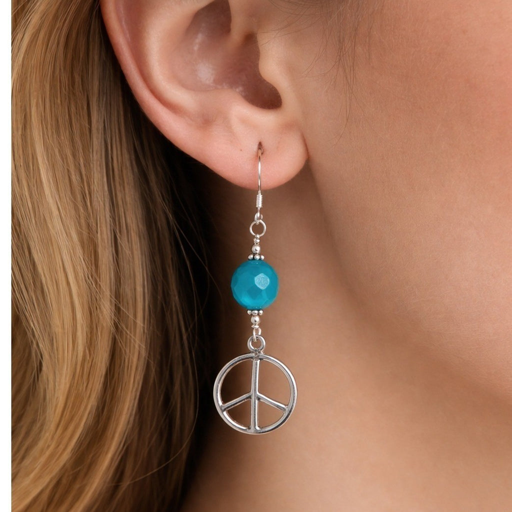 Vintage Sterling Silver Peace Sign Dangle Earrings Blue Bead .925