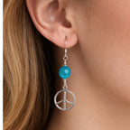 Vintage Sterling Silver Peace Sign Dangle Earrings Blue Bead .925