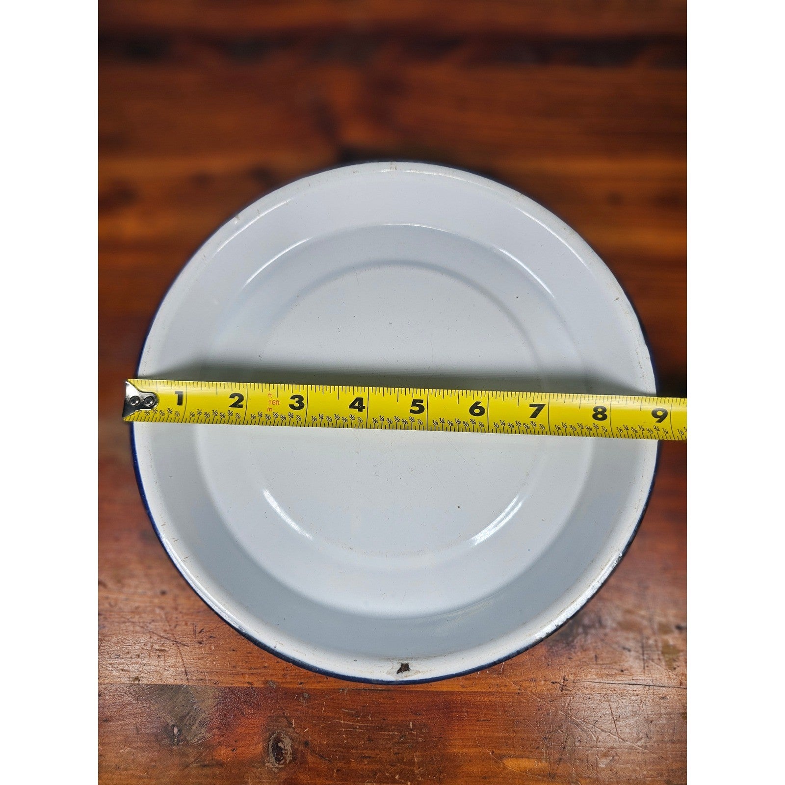 Vintage White Enamel Plate with Blue Rim | Farmhouse Kitchen Decor | 9 Inch