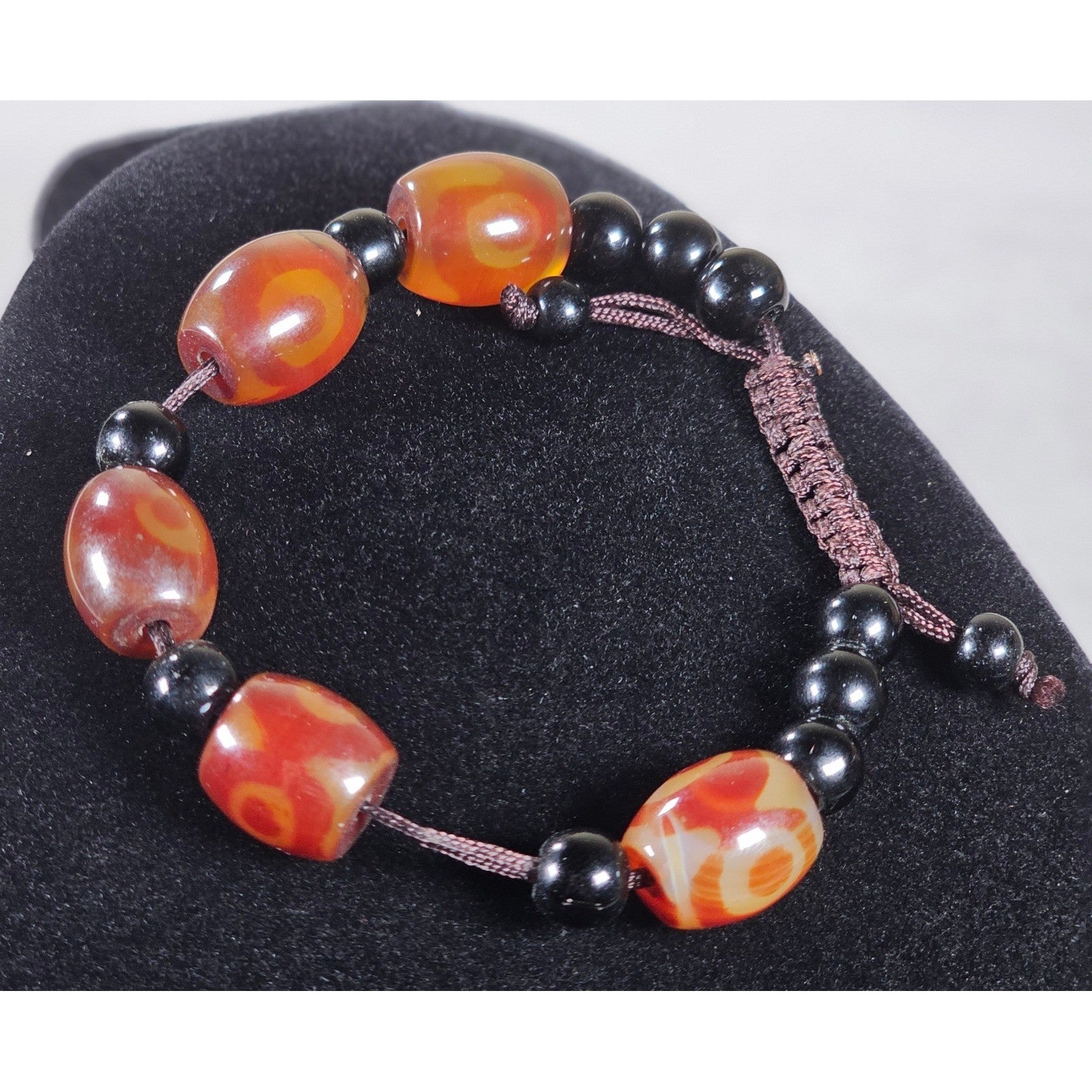 Red Orange Agate Style Beaded Bracelet Adjustable Cord Black Beads