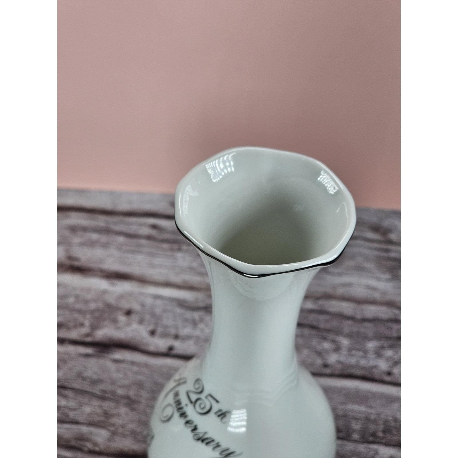 Vintage 25th Anniversary Porcelain Bud Vase with Silver Trim Floral Design