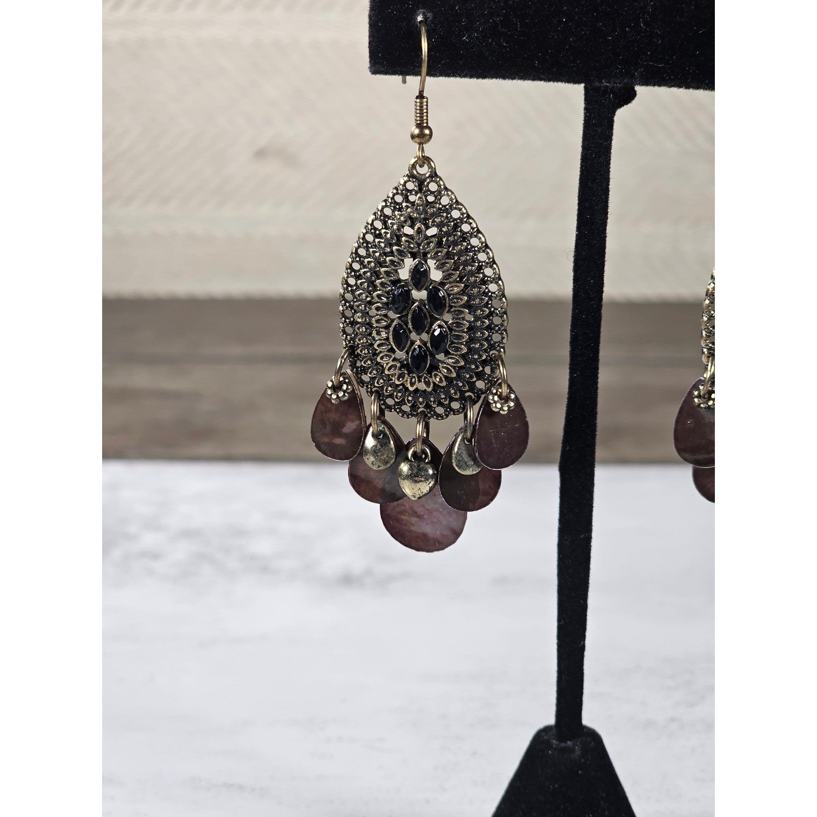 Boho Antique Gold Filigree Teardrop Chandelier Earrings Plum Shell Dangle Charms
