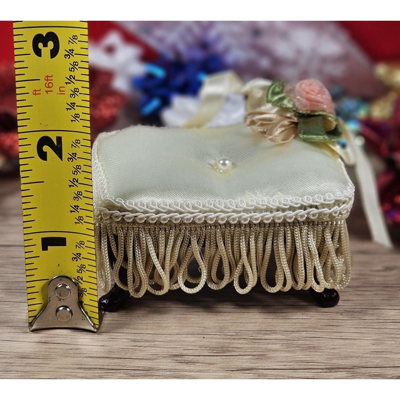 Vintage Miniature Satin Stool Ornament White Pearl Trim Dollhouse