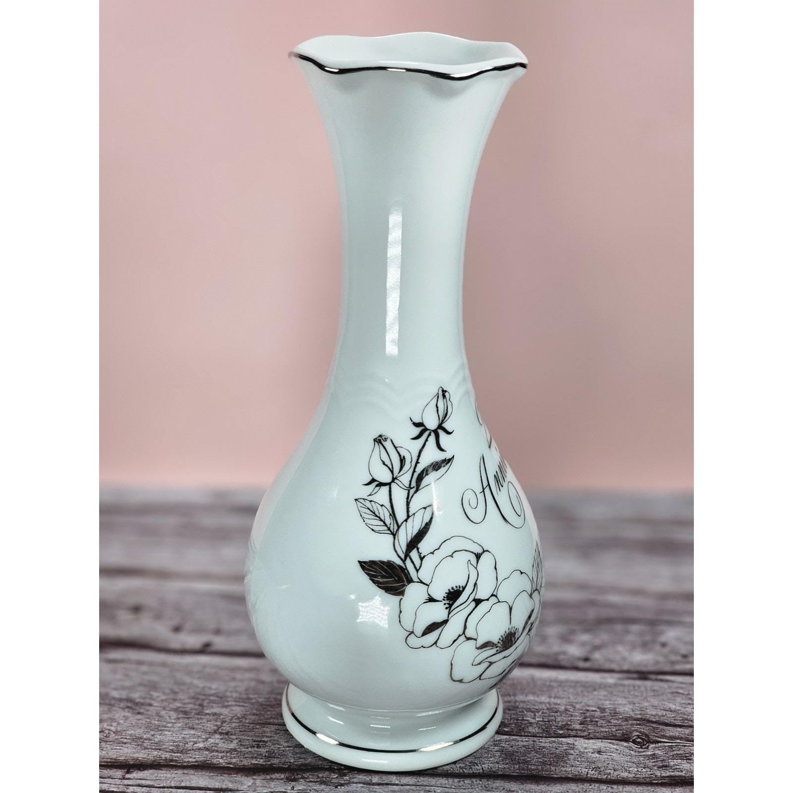 Vintage 25th Anniversary Porcelain Bud Vase with Silver Trim Floral Design