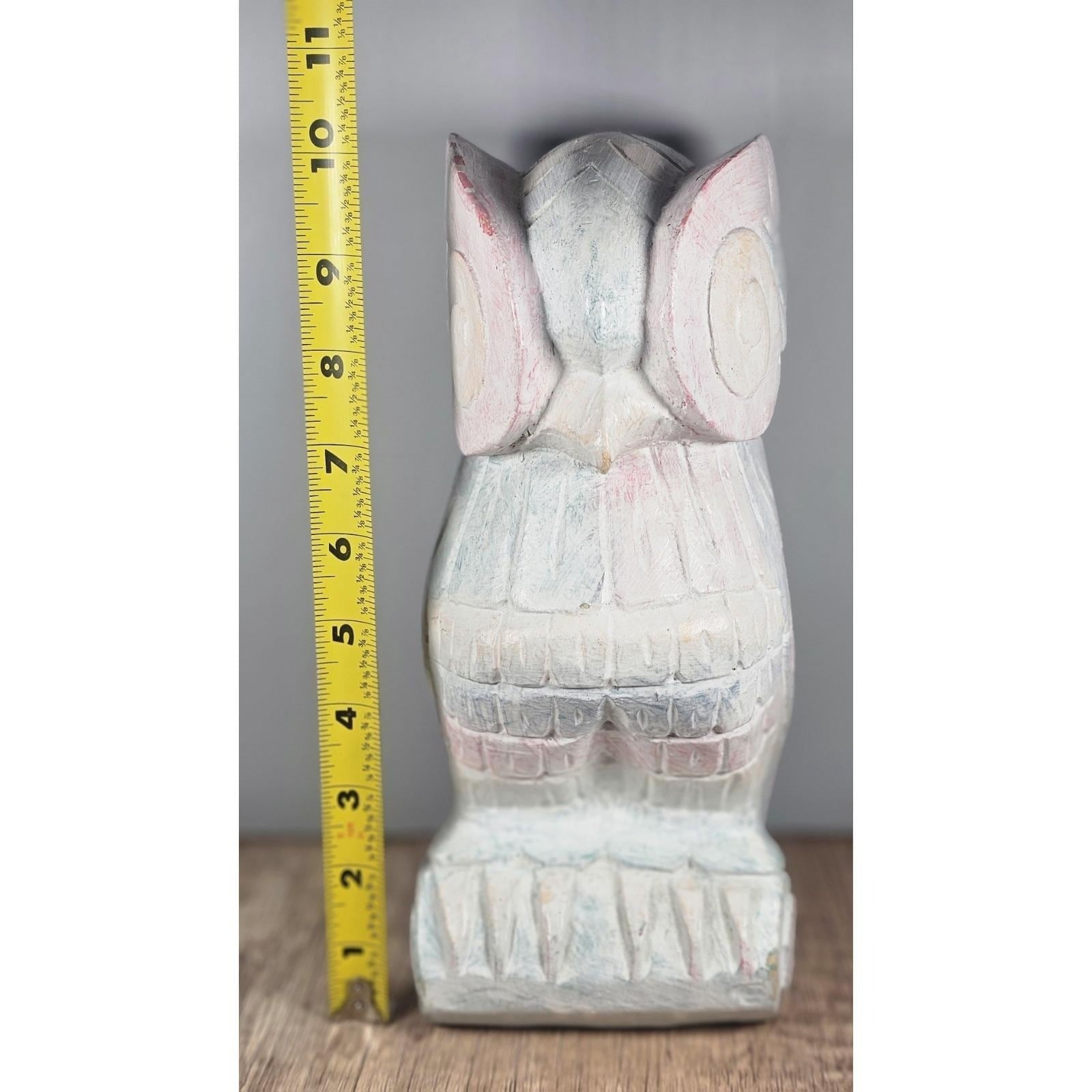 Vintage Hand-Carved Wooden Owl Figurine Whitewashed Rustic Decor