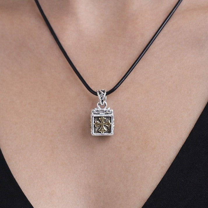 Vintage Religious Cube Pendant Necklace Cross & Praying Hands