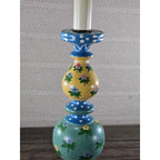 Vintage Hand Painted Wood Table Lamp Floral Blue Yellow Polka Dot