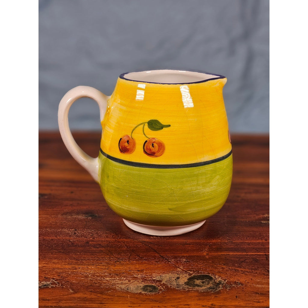 Vintage Ceramic Small Cherry Pitcher Yellow Green Hand Painted Country Kitchen