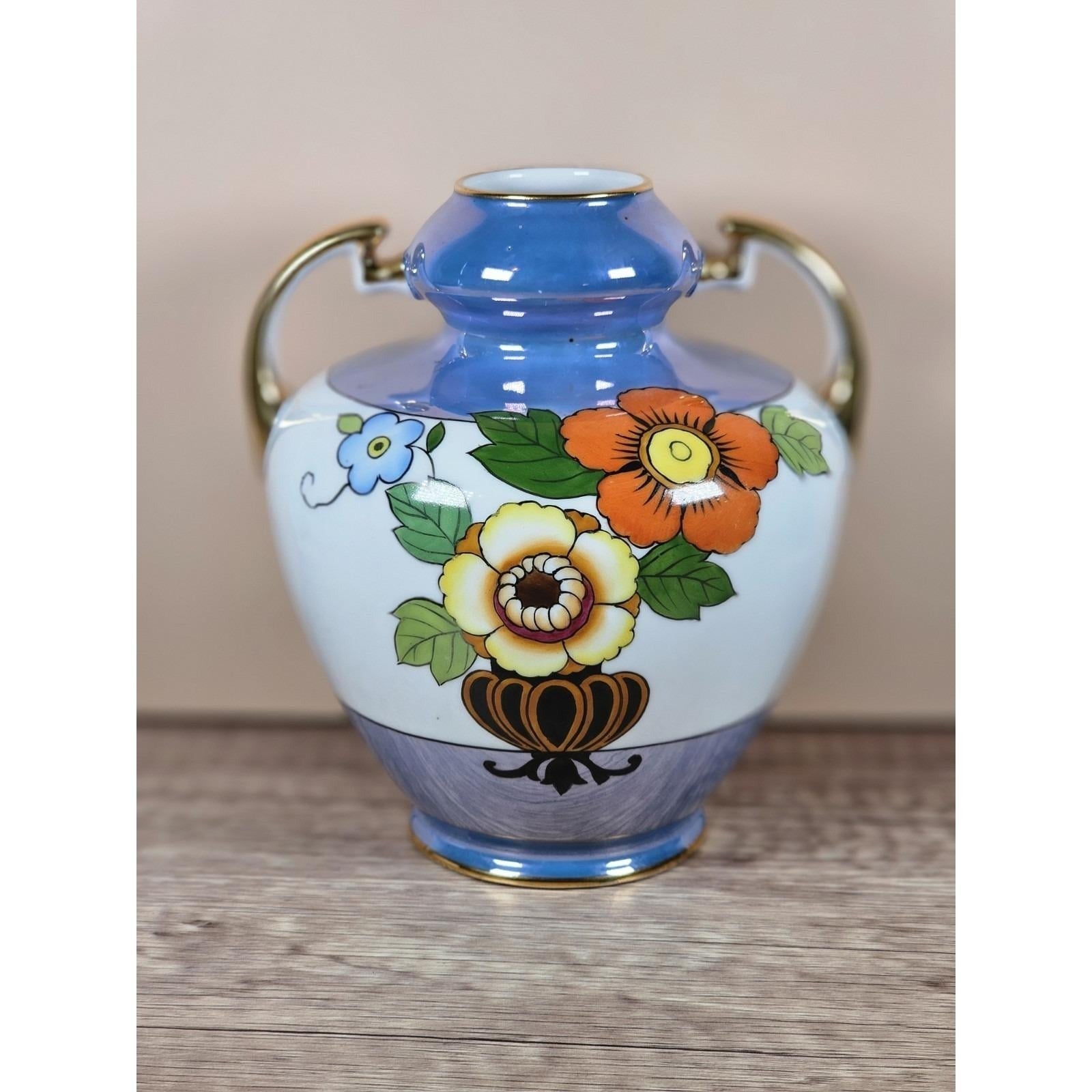 Vintage Asian Floral Ceramic Vase With Handles Blue White Pottery Decor