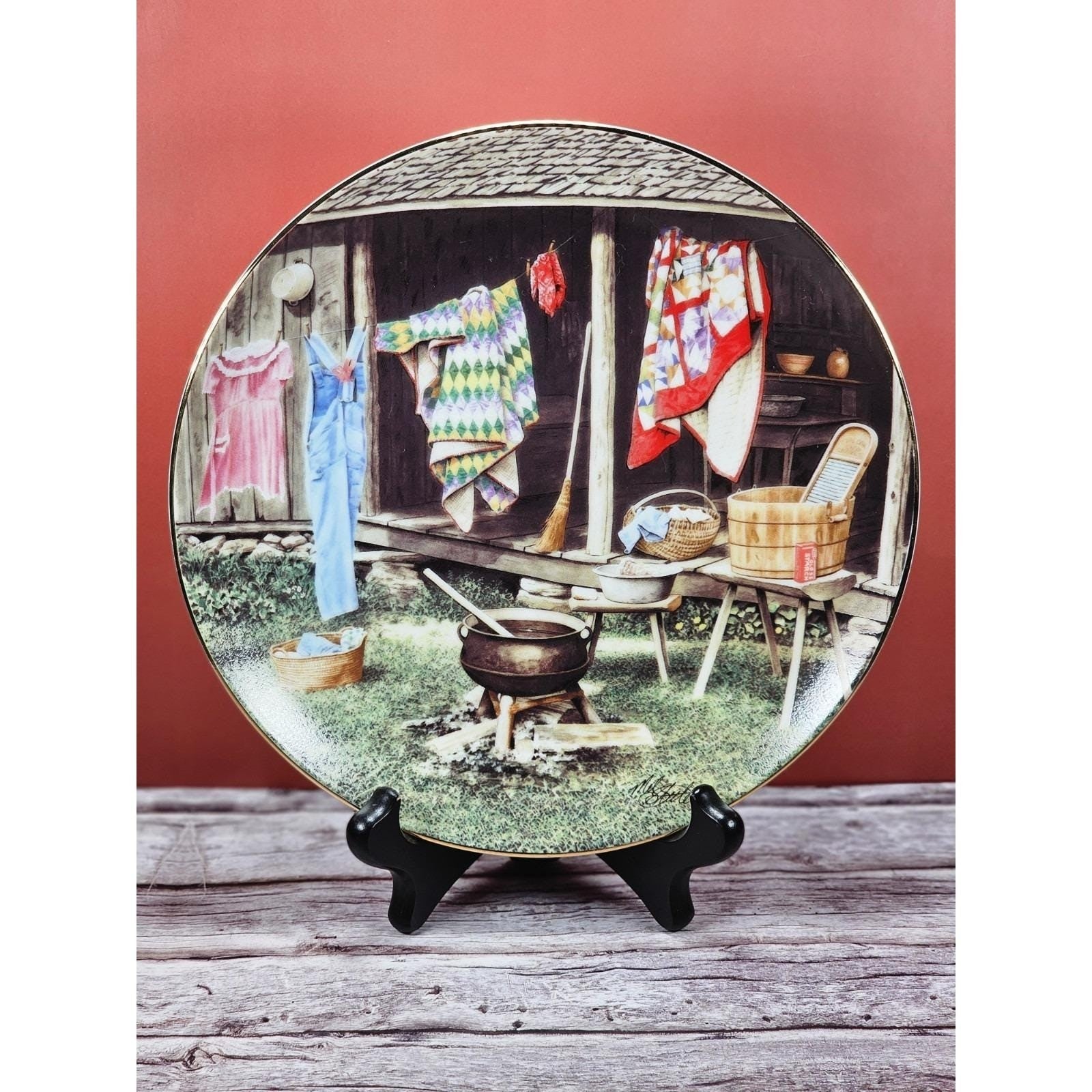 Vintage Mel Steele Wash Day Plate Americana Rural Scene Gold Rim 8.75"