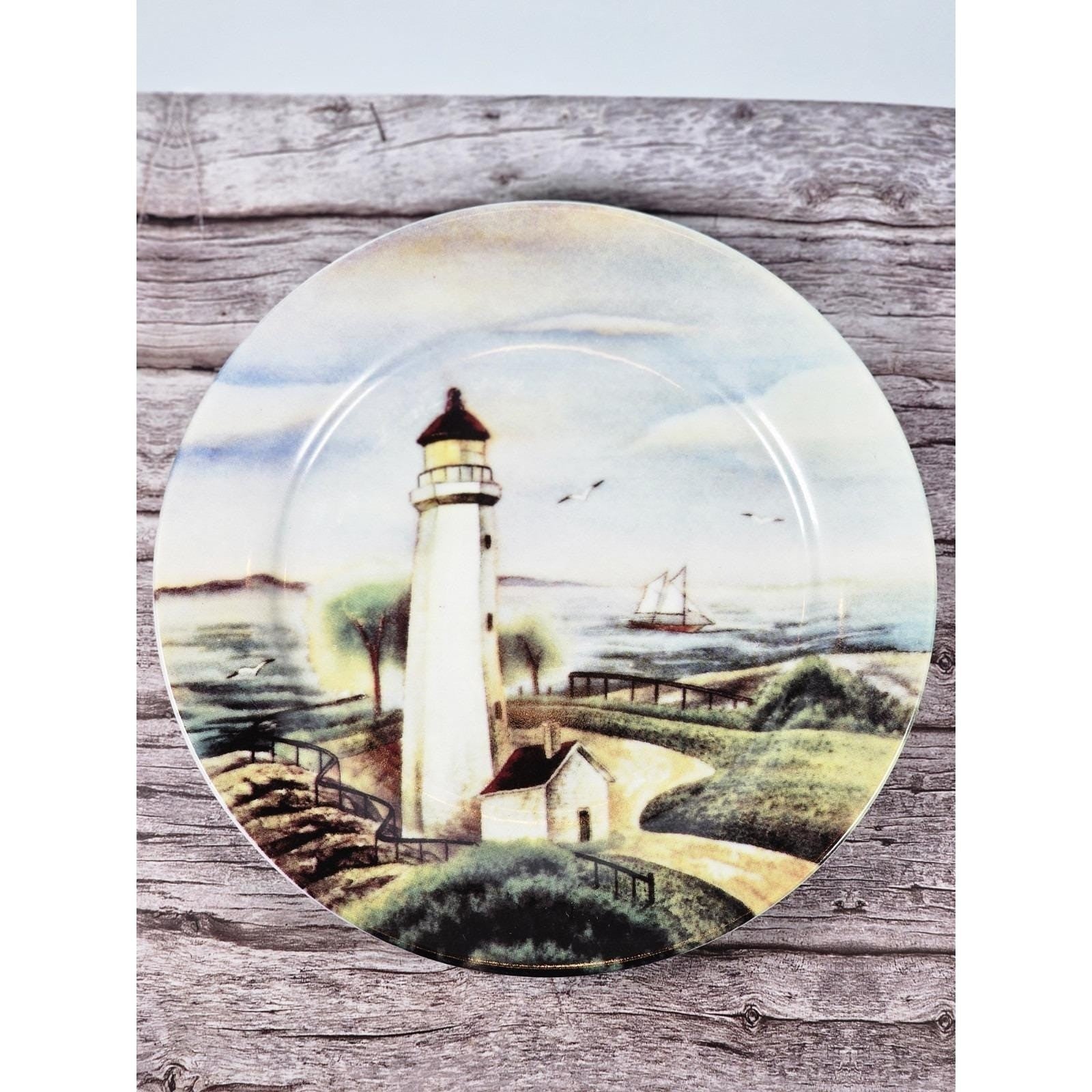 Vintage Coastal Lighthouse Decorative Plate Nautical Sailboat Seagulls 8 Inch