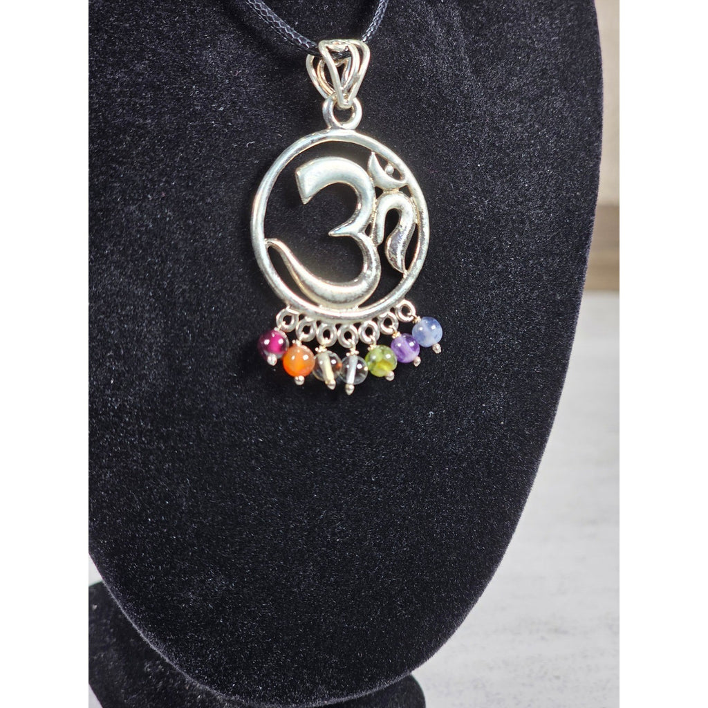 Vintage Sterling Om Pendant Necklace with Chakra Bead Fringe
