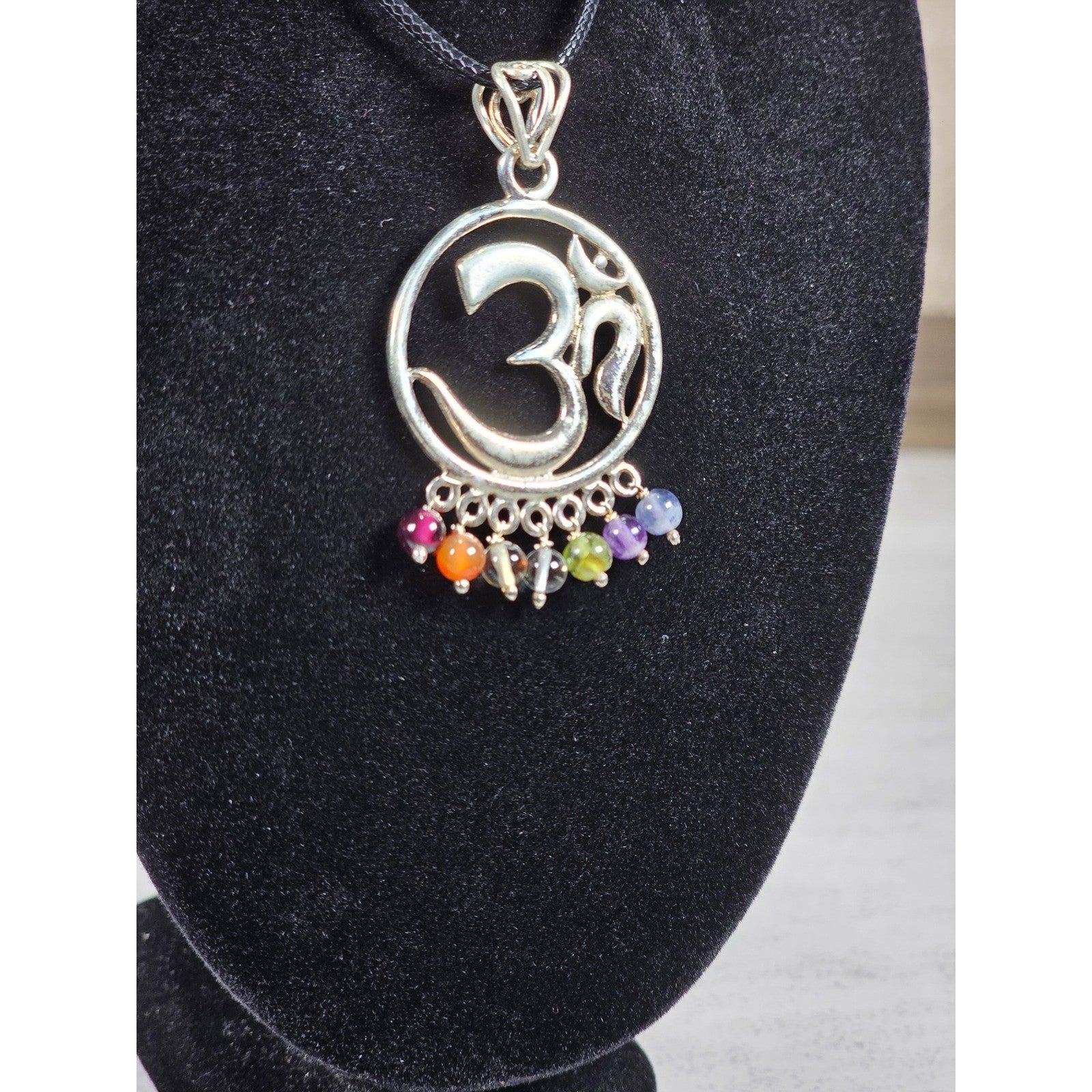 Vintage Sterling Om Pendant Necklace with Chakra Bead Fringe