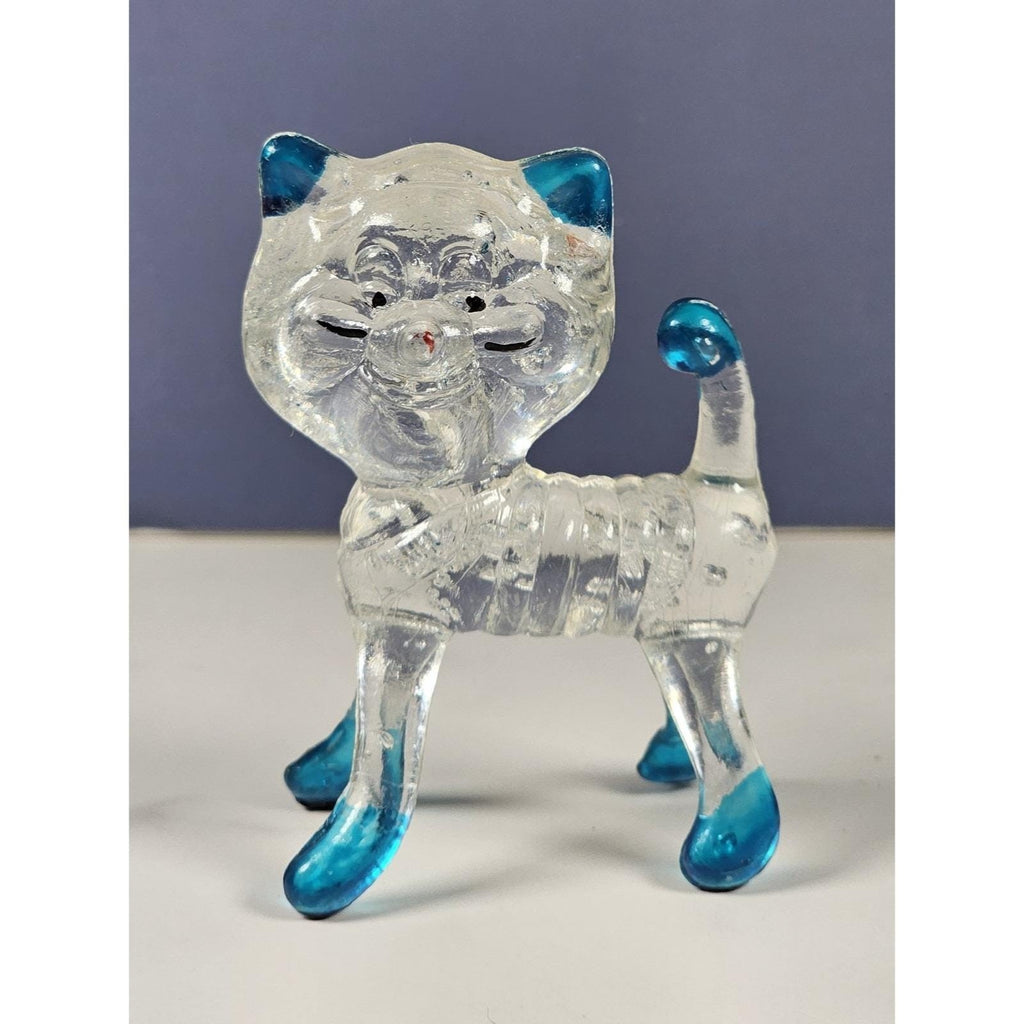 Vintage Lucite Cat Figurine Clear Blue Accents Hong Kong