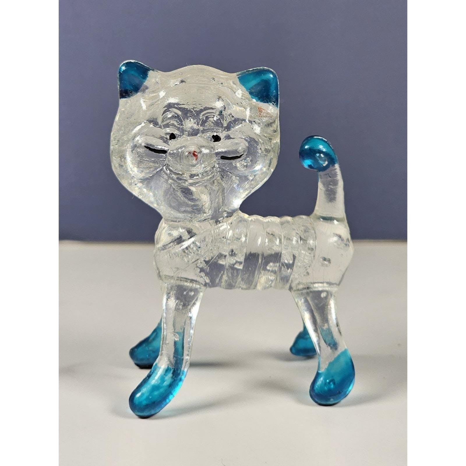 Vintage Lucite Cat Figurine Clear Blue Accents Hong Kong
