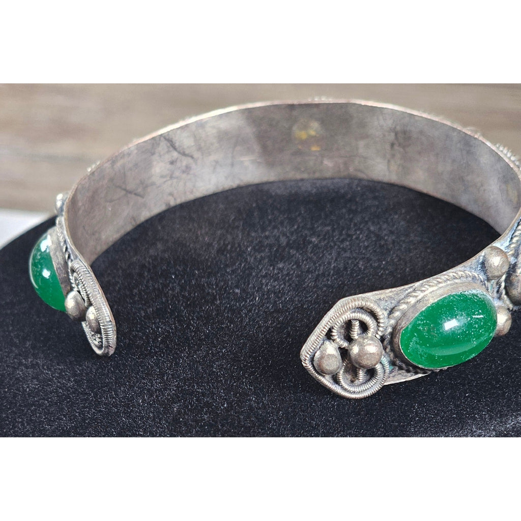 Vintage Green Cabochon Cuff Bracelet Silver Tone Statement