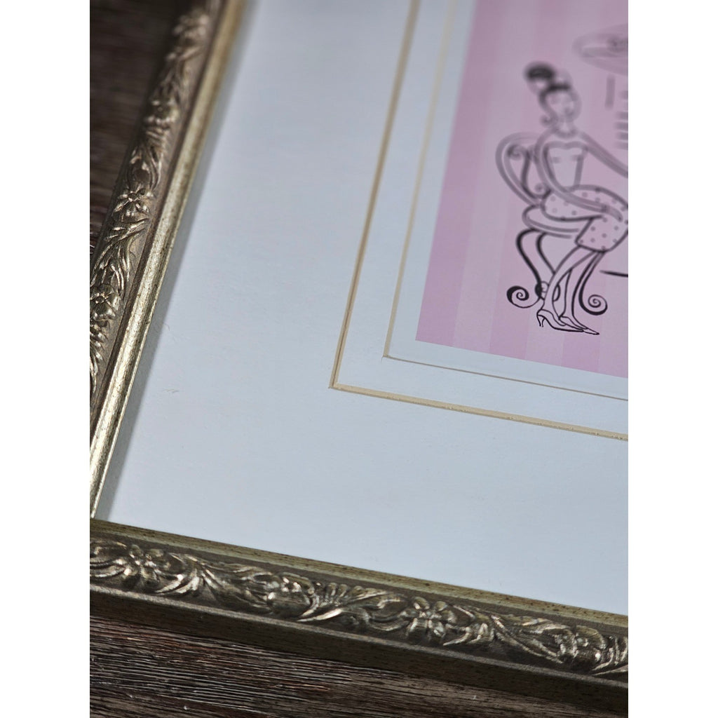 Vintage French Café Framed Art Print Pink Bistro Illustration 13x13