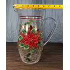 Vintage Poinsettia Glass Pitcher 72 oz Hand Painted Crackle Glass