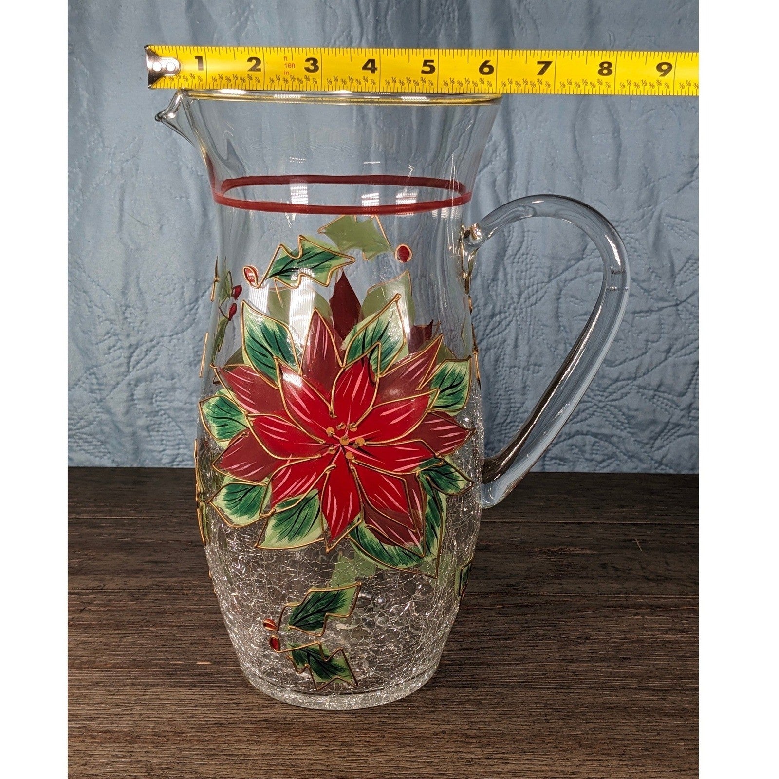Vintage Poinsettia Glass Pitcher 72 oz Hand Painted Crackle Glass