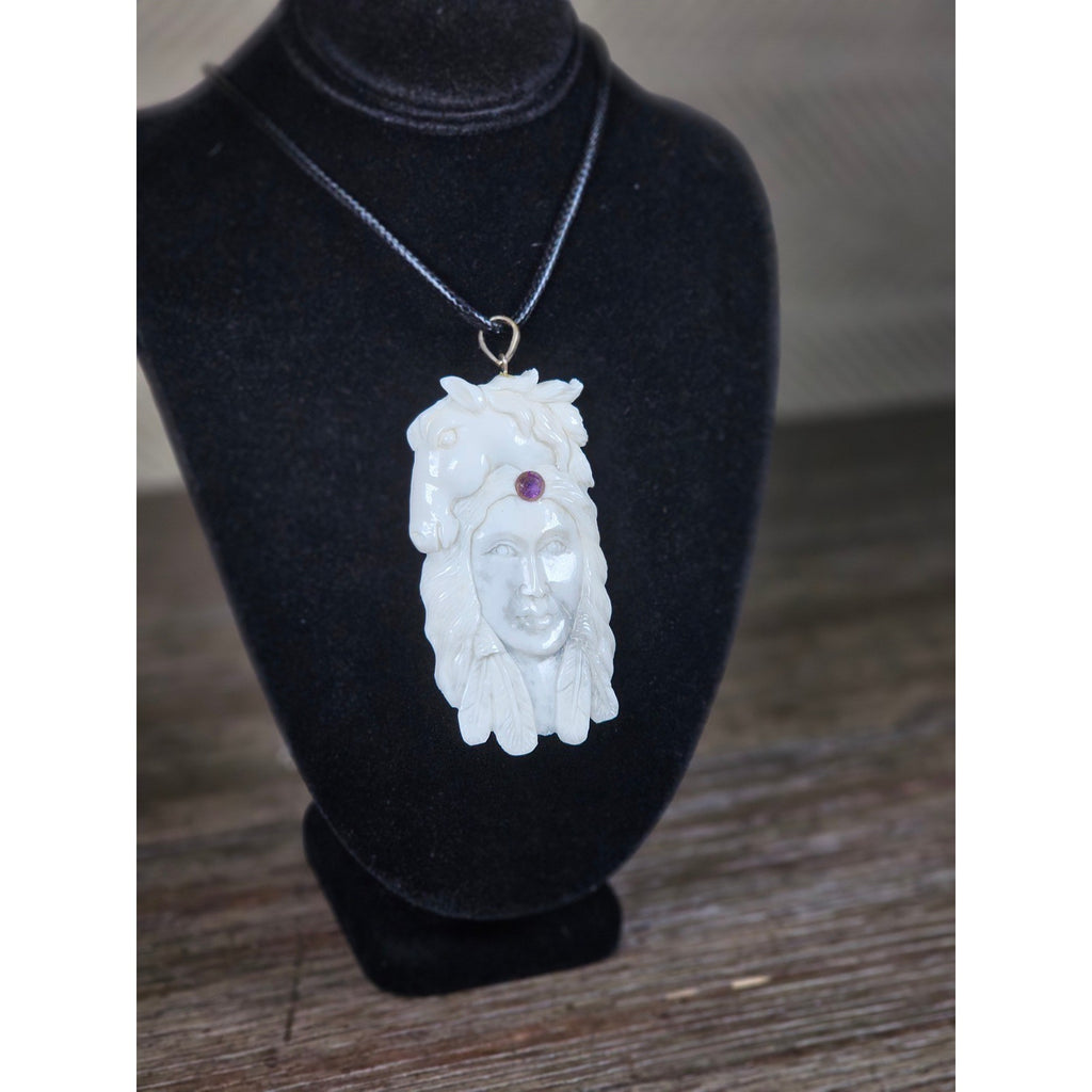 Vintage Buffalo Bone Carved Pendant Necklace Native Style 2.5 Inch