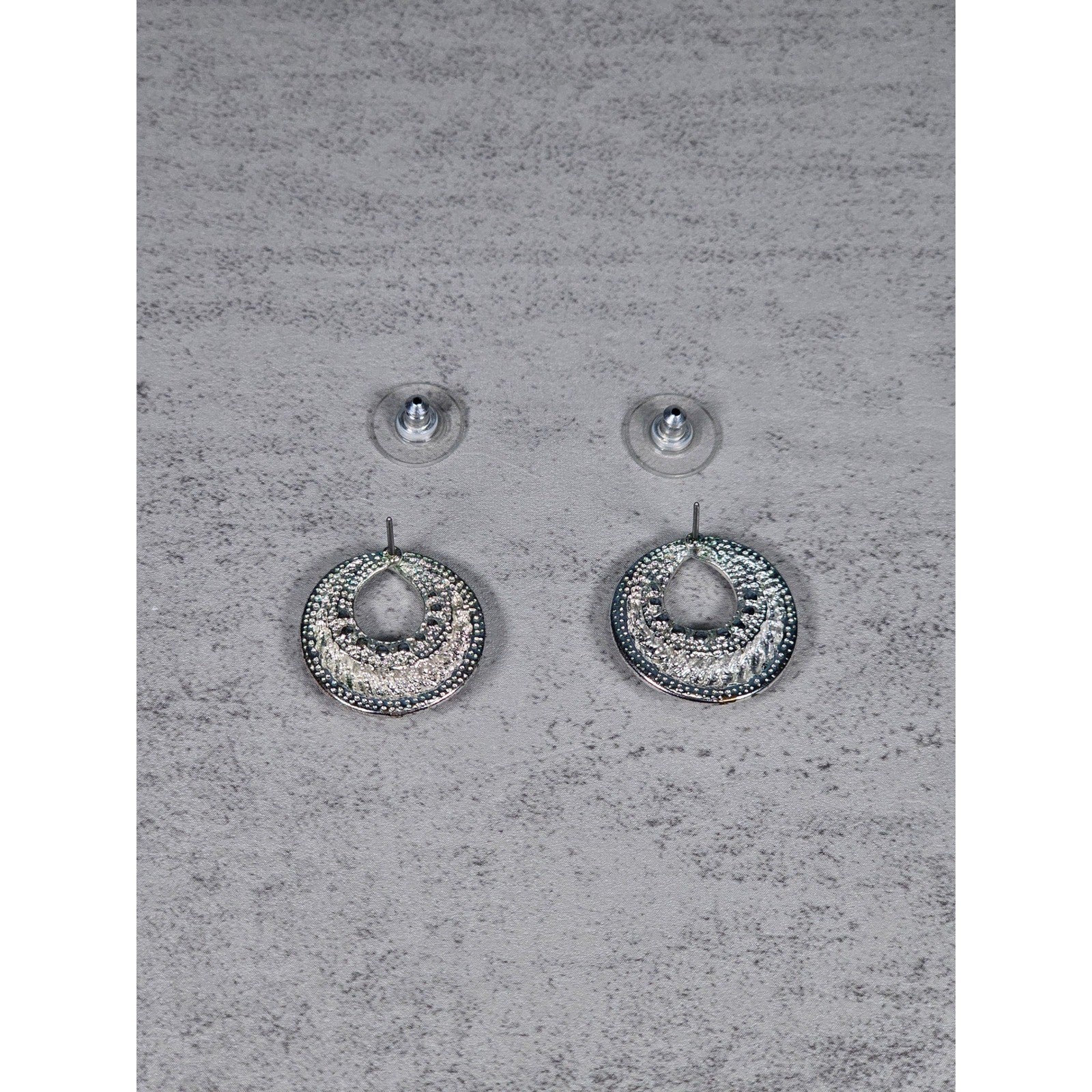 Vintage Silver-Tone Swirl Circle Stud Earrings with Rhinestone Accent