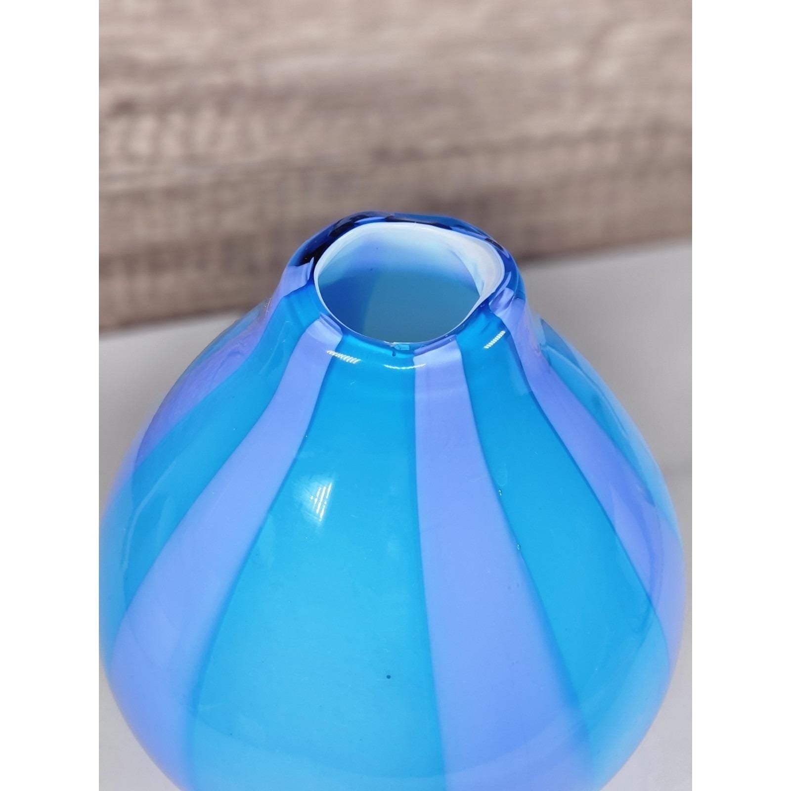 Hand Blown Cased Glass Vase Blue Purple Striped Circus Tent Pattern