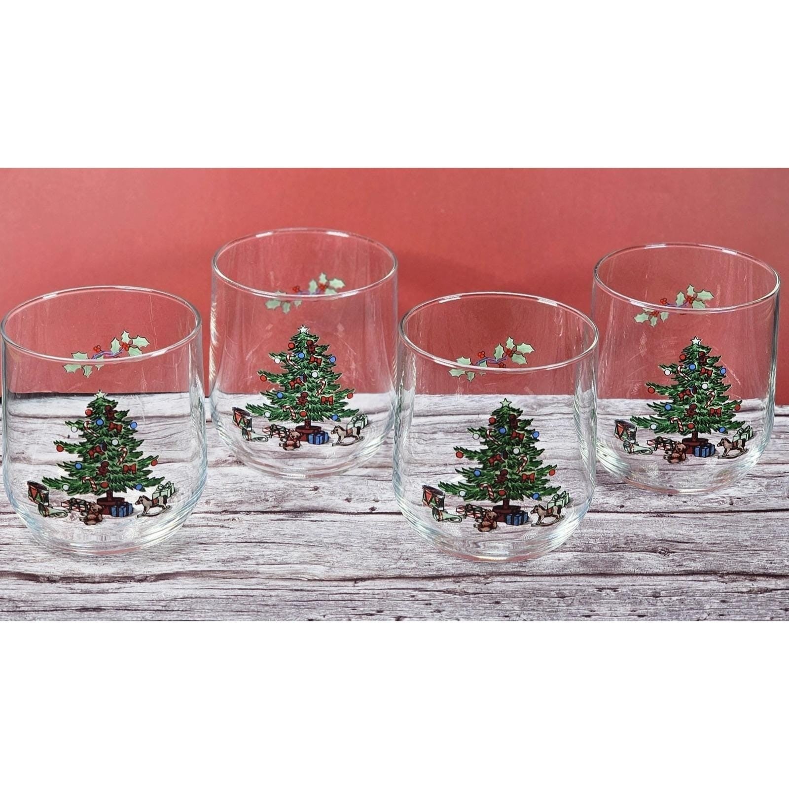 Vintage Luminarc Christmas Tree Lowball Glasses Set of 4 Holiday Whiskey Tumbler