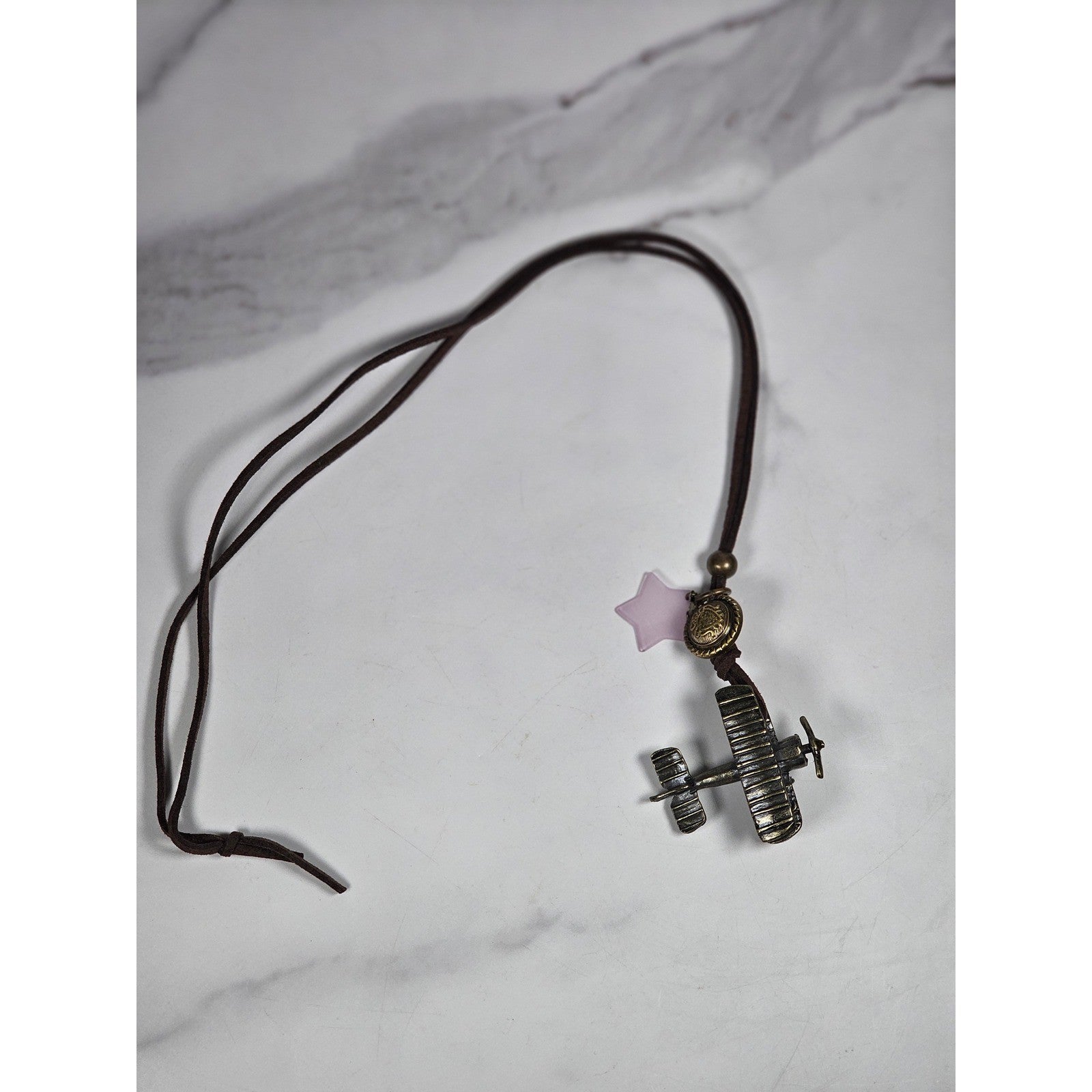 Vintage Airplane Pendant Necklace on Suede Cord with Star Charm