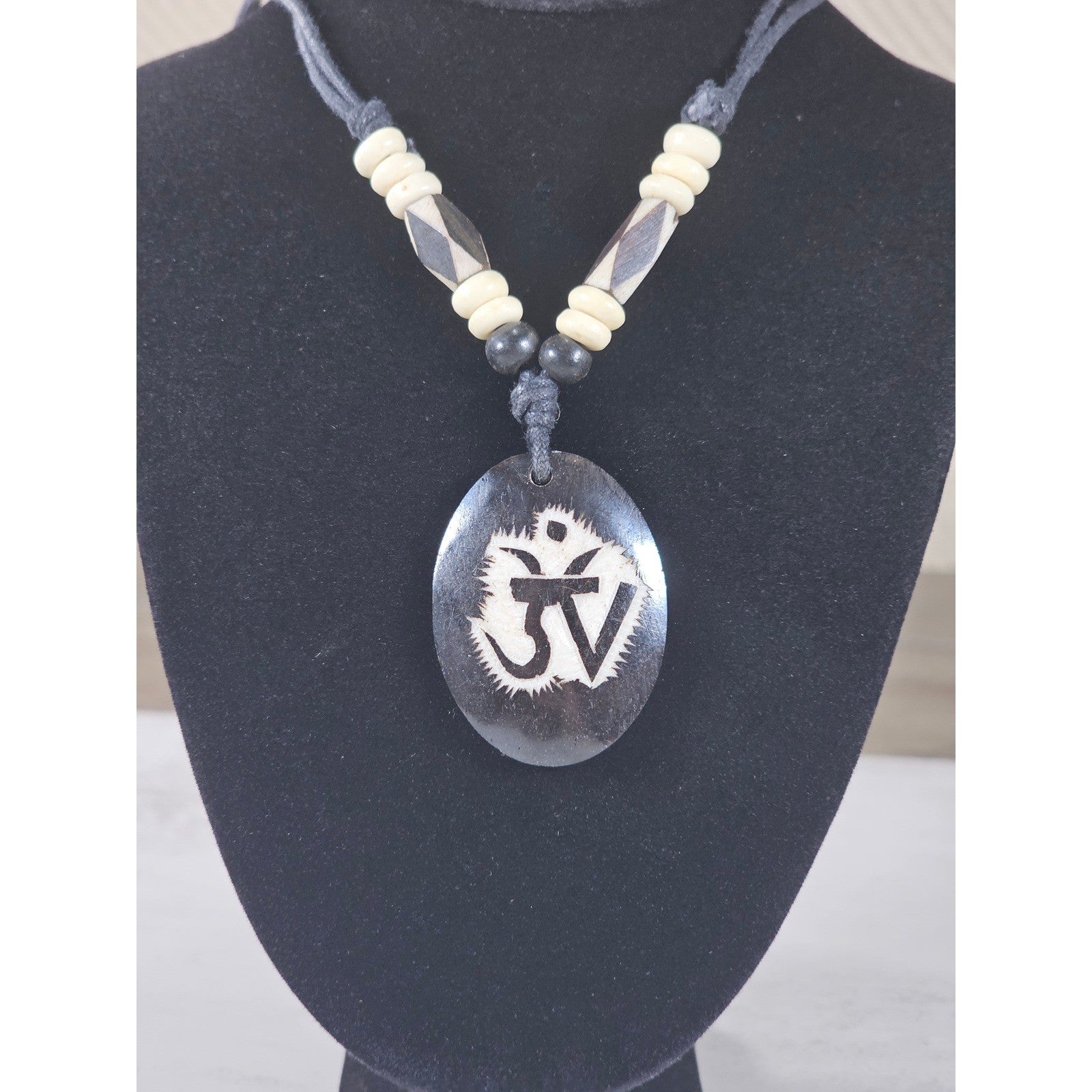 Vintage Hand Carved Pendant Necklace Black Cord Tribal Style