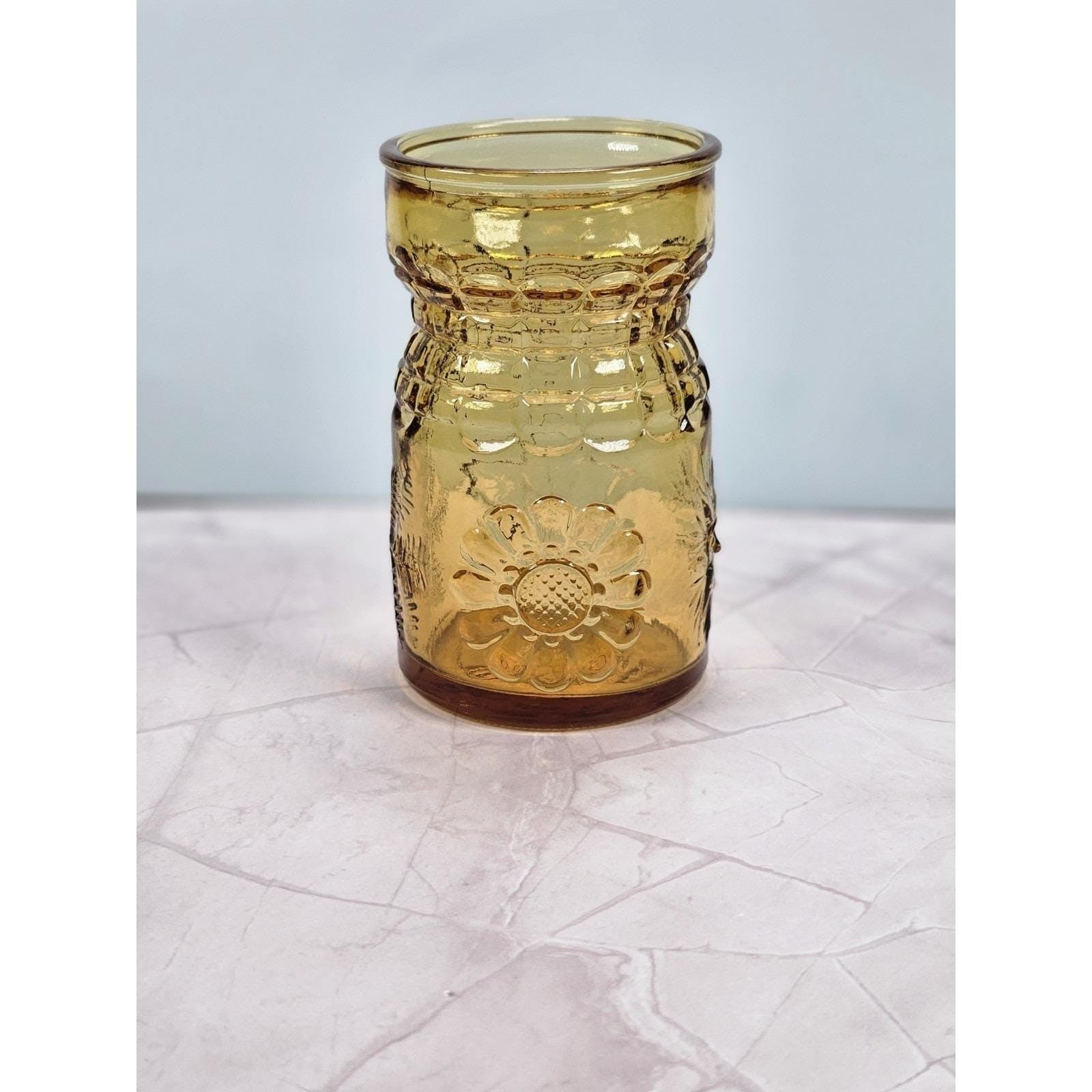 Amber Wheaton Glass Tumbler With Sun Snowflake & Leaf Design 3 3/4x 2 1/8