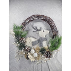 White Deer Christmas Wreath with Pinecones Greenery Snowflakes Rustic Holiday