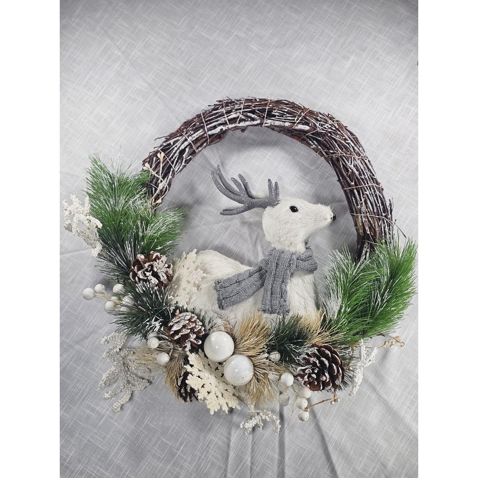 White Deer Christmas Wreath with Pinecones Greenery Snowflakes Rustic Holiday