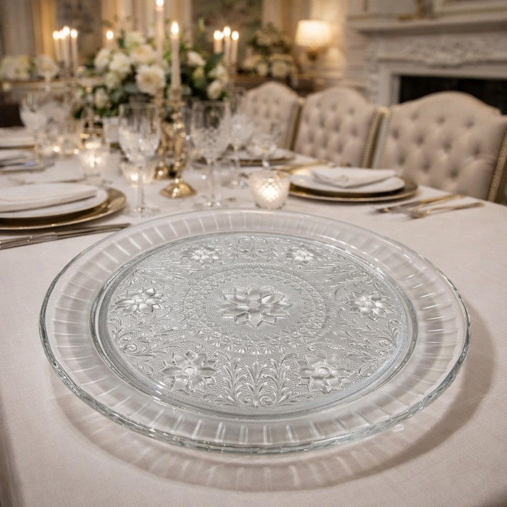 Vintage Pressed Glass Floral Cake Stand Round Serving Tray 13 Inch