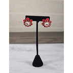 Vintage Red Floral Enamel Rhinestone Stud Earrings Gold Tone